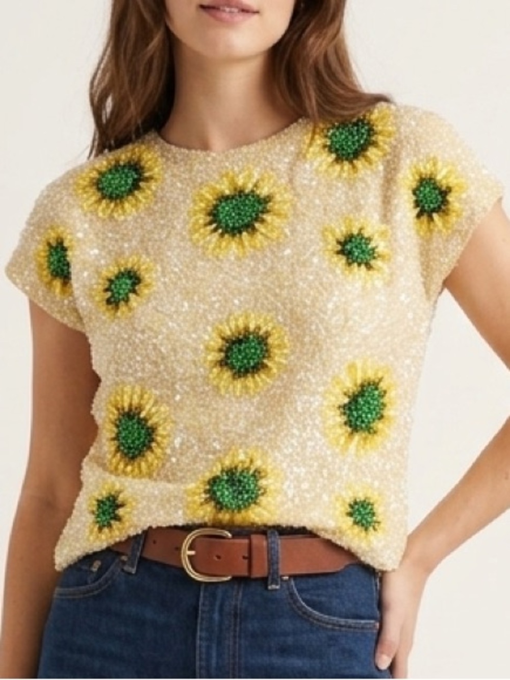 Vintage 60s House of Gold Sequins Floral Wool Sweater Top Yellow Rare 38 Boho